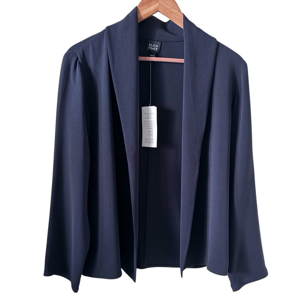 Eileen Fisher Silk Georgette Crepe Blazer Jacket Navy Open Front NWT Sz 8 $298